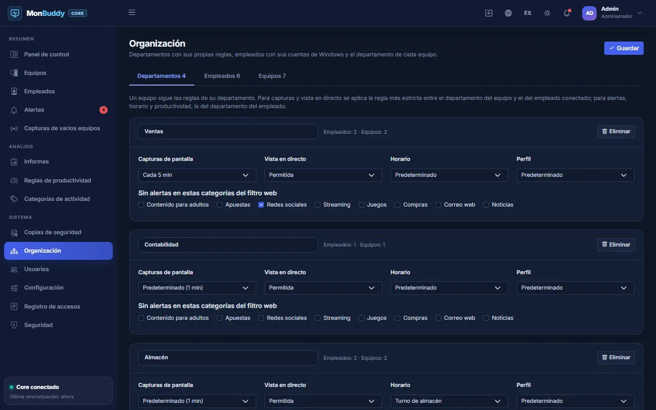 Reglas de los departamentos en la consola de MonBuddy