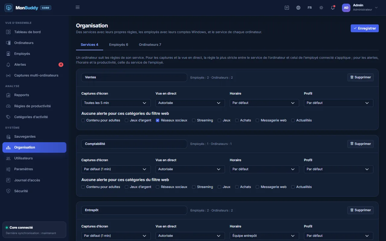 Règles des services dans la console MonBuddy